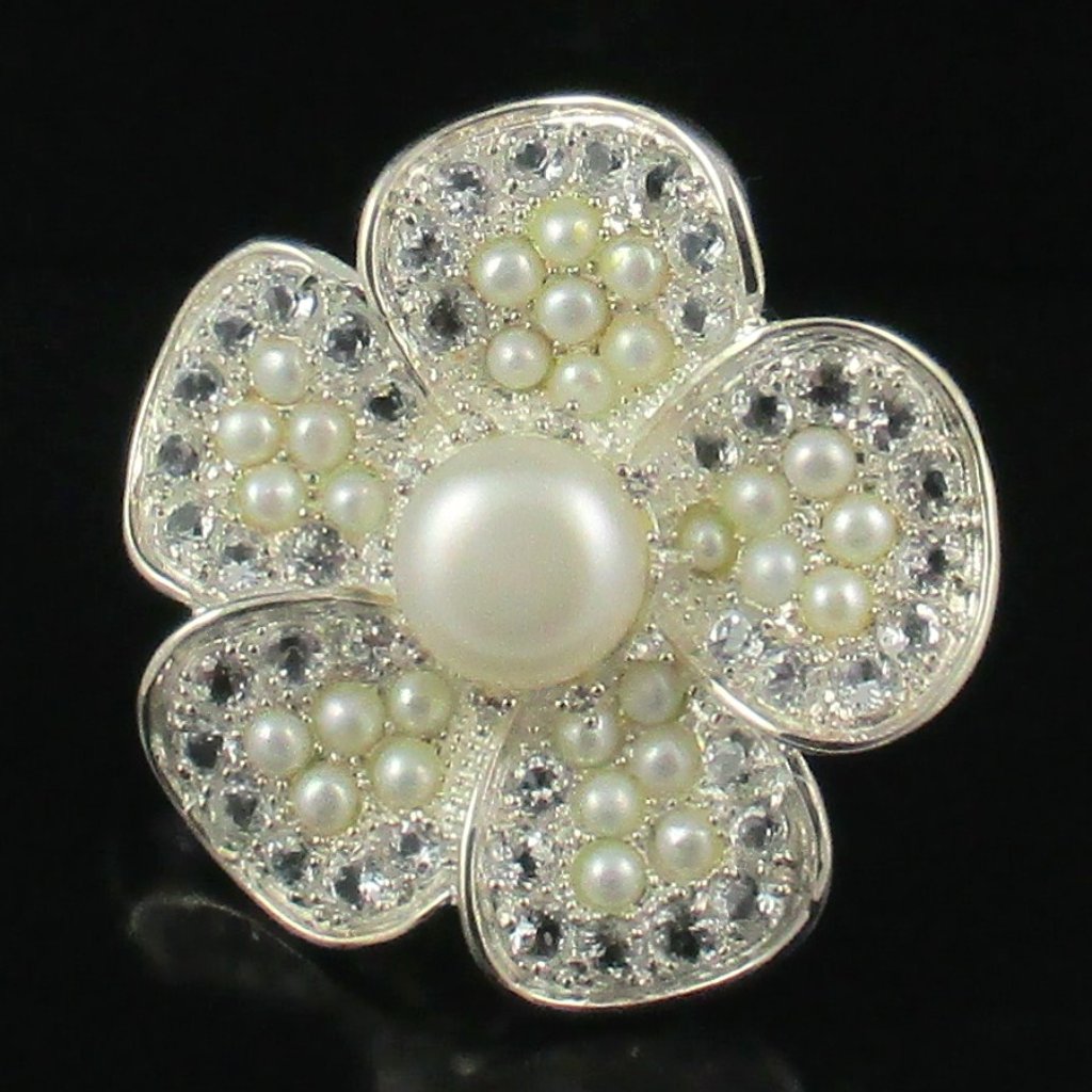 Cultured Pearl & White Topaz Flower Ring